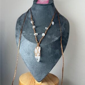 Macrame Crystal Pendant Necklace with Brown Cord